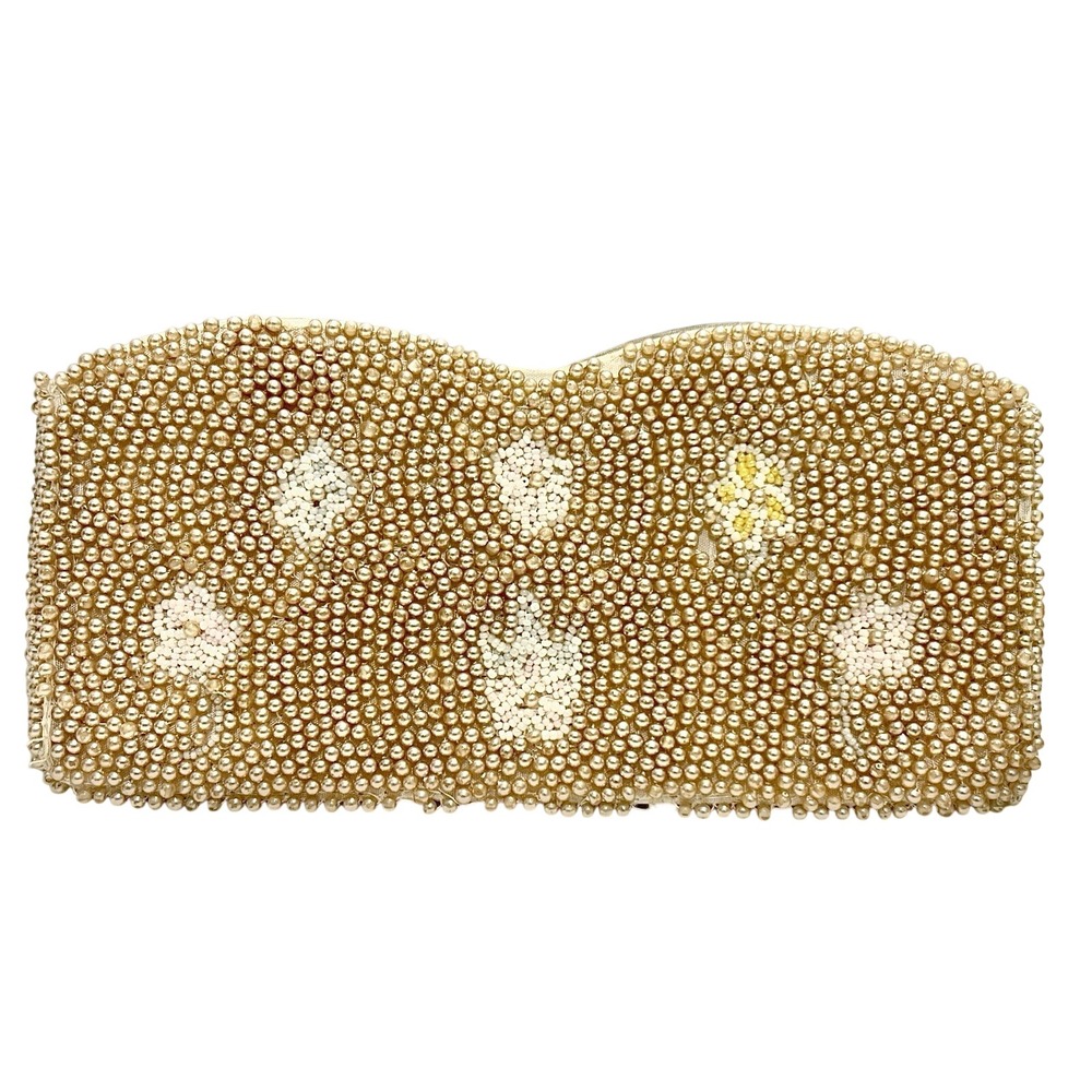 Vintage Faux Pearl Beaded Clutch Purse‎ Flower Zip Top Champagne Beige Bridal